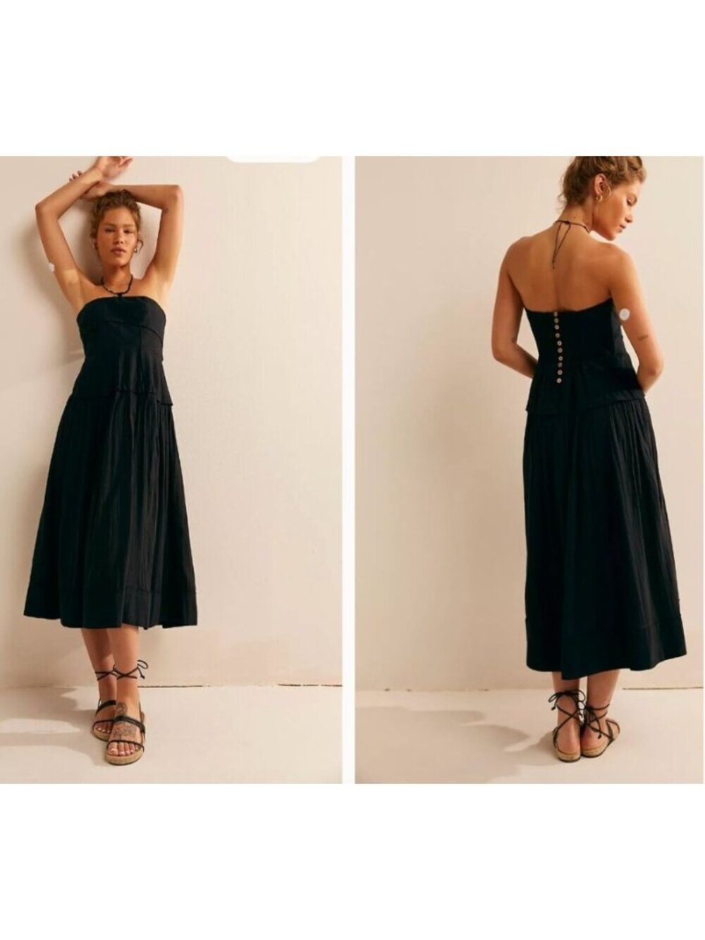 Free People Free-Est Milan Midi Dress XS Black Strapless Corset A-Line Cotton OB